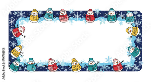 Adorable little snowmen characters adorning a winter holiday name tag label design with falling snowflakes