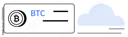 Bitcoin logo and text on a card next to a cloud graphic. Ideal for cryptocurrency, wallet access, blockchain, digital banking, data backup, fintech, and transaction security. Simple flat metaphor