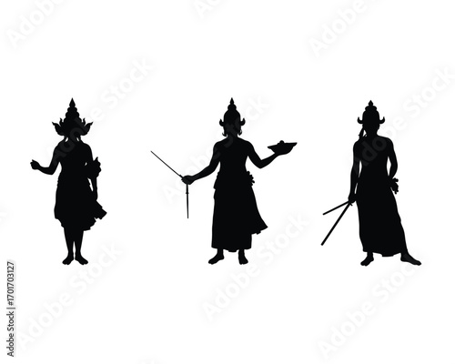 Three stylized black silhouettes of traditional dancers in ornate headdresses and long skirts performing distinct poses against a white background