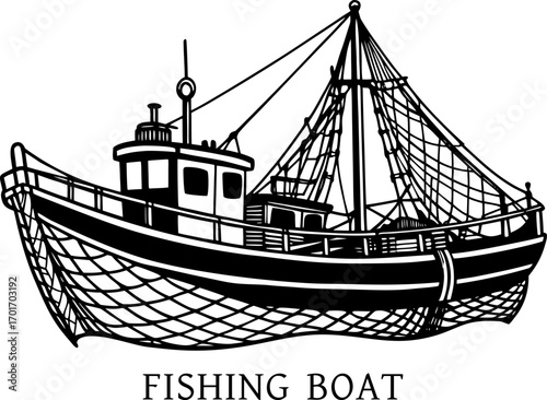 A fishing boat with nets, detailed illustration on white Background