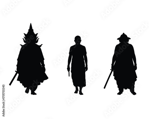 Silhouettes of three figures in traditional asian attire one in elaborate headdress and armor two in simpler robes holding swords