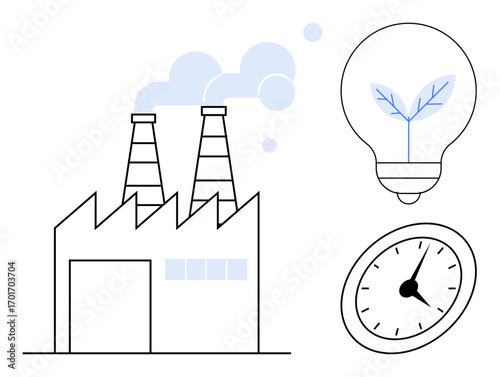 Factory chimneys emitting smoke, lightbulb with growing plant symbolizing green energy, and analog clock representing time. Ideal for sustainability, renewable energy, industry, innovation, time