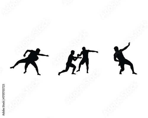 Dynamic silhouettes of three athletes in motion capturing the energy of sports and athleticism