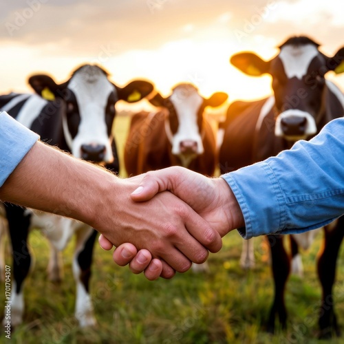 Two men shake hands in a field with cows in the background. The scene captures a rural farming atmosphere during sunset.