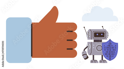 Hand giving thumbs-up near robot holding shield, representing trust, cooperation, and AI-powered cybersecurity. Ideal for technology, protection, teamwork, AI ethics, innovation approval simple