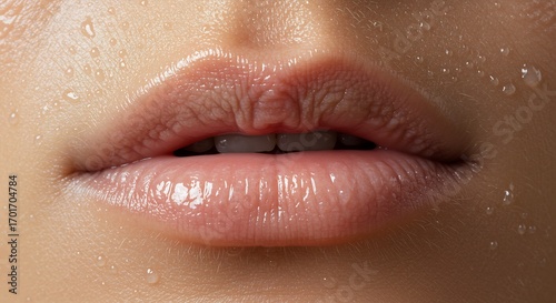 Closeup view of a persons lips glistening with moisture droplets showing wrinkles and pink skin