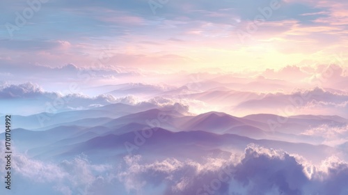 Dreamy Mountain Landscape with Soft Pastel Sky and Ethereal Clouds, Ideal for Backgrounds