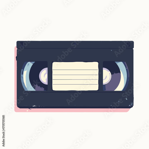 VHS cassette — black plastic shell, exposed magnetic spools, paper label window with handwritten title, white background