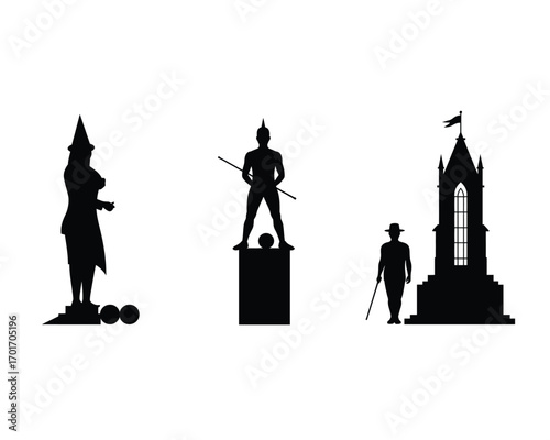 Three distinct black silhouette monuments including a tall spire with cannonballs a standing figure with a spear on a pedestal and a tower with a figure holding a staff