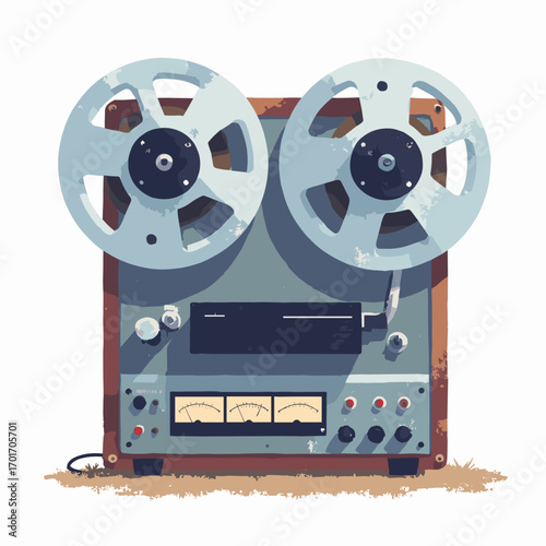 Reel-to-reel tape recorder — twin metal reels, tape heads and VU meters with needle indicators, white background
