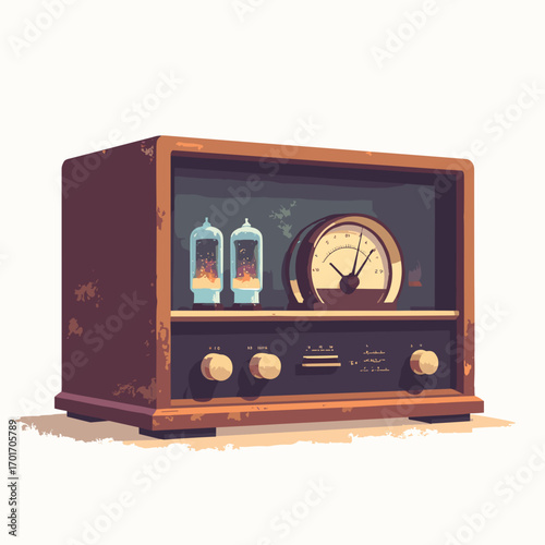 Vacuum-tube radio — wooden cabinet, glass tube sockets glowing faintly, tuning dial with bakelite pointer, white background