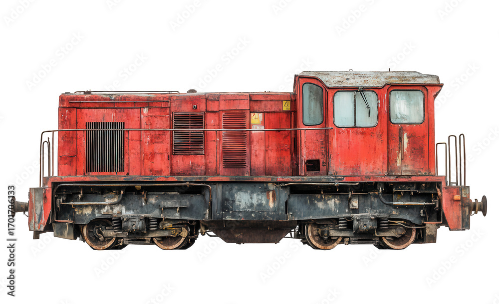 Obraz premium Old red diesel locomotive isolated on transparent background