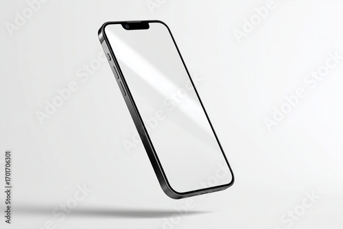 Minimal floating smartphone mockup with blank white touchscreen, modern bezel and notch, isolated on soft studio background for app and UI presentation