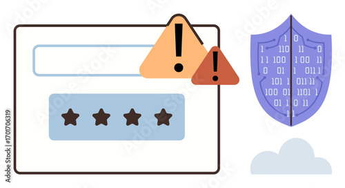 Warning signs over password entry box and binary-coded security shield highlight online safety. Ideal for data security, online safety, privacy, cyber threats, authentication, alerts, awareness