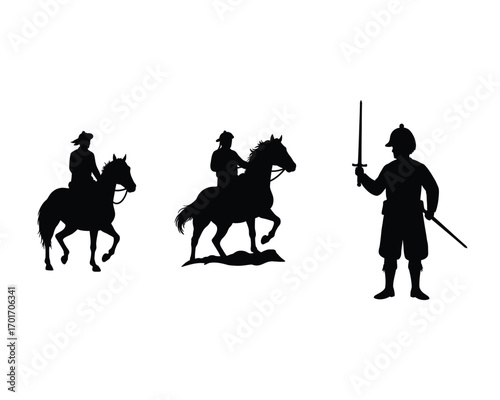 Silhouette of three historical figures on horseback and a standing soldier with a sword against a white background