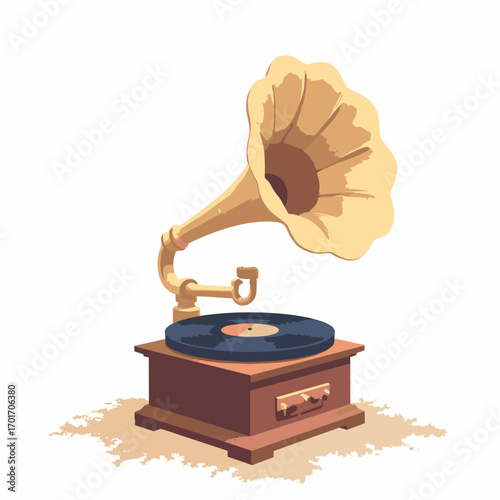 Gramophone phonograph — large brass horn, wooden turntable base and winding key, record spindle visible, white background