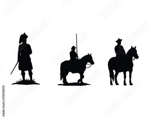 Silhouettes of three historical figures one standing with a sword and two on horseback representing knights or warriors in classic attire