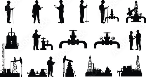Oil industry workers silhouettes with drilling rigs, pipelines, engineers, technicians, inspection, refinery equipment, pump jacks, industrial plants, and petroleum production process.