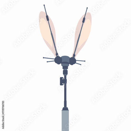 Rabbit-ears TV antenna — telescoping twin rods on adjustable base with mounting clamp, white background
