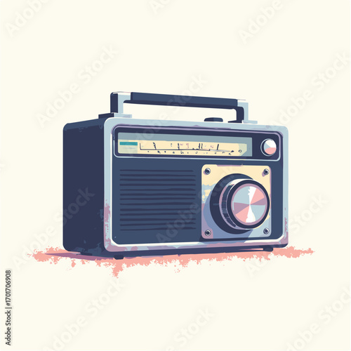 Pocket transistor radio (mini) — chrome trim, frequency scale window and tuning knob, white background
