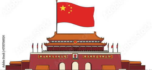 Flat Vector Illustration of Tiananmen Gate with Chinese Flag for National Day Celebration