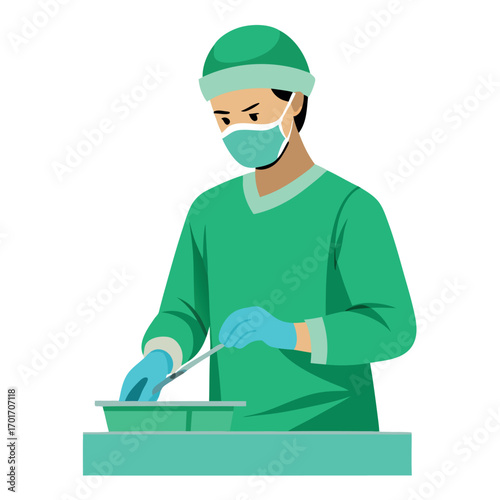 Surgeon in green uniform preparing for surgery