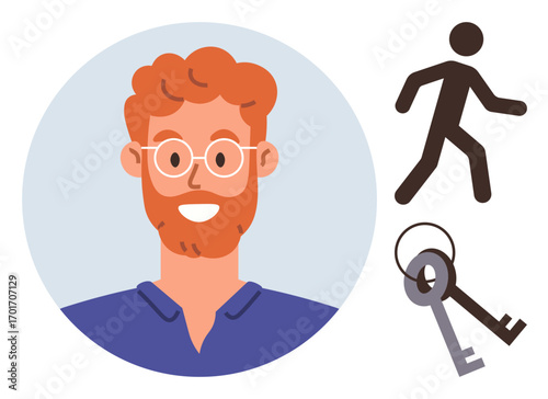 Portrait of a red-haired man smiling, paired with a walking figure and keys symbolizing progress, access, and security. Ideal for concepts thumbs up identity, opportunity, independence, community