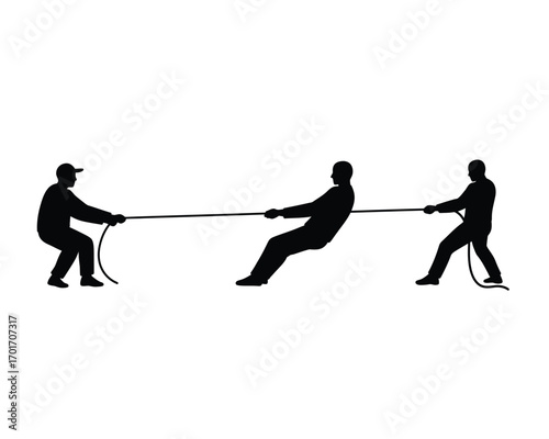 Silhouettes of three people engaged in a tense tug of war competition pulling a rope against each other on a white background