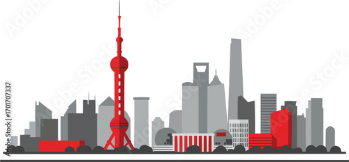 Flat Vector Shanghai Skyline with Oriental Pearl Tower for National Day
