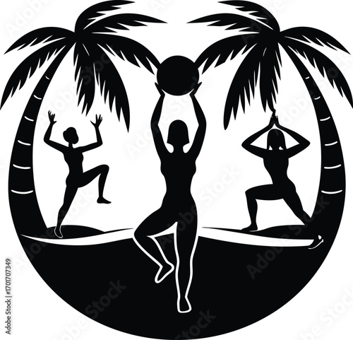 Silhouette of Women Exercising on a Tropical Beach on white background