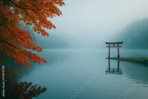 Red torii gate standing in calm misty lake surrounded by serene forest and vibrant autumn foliage
