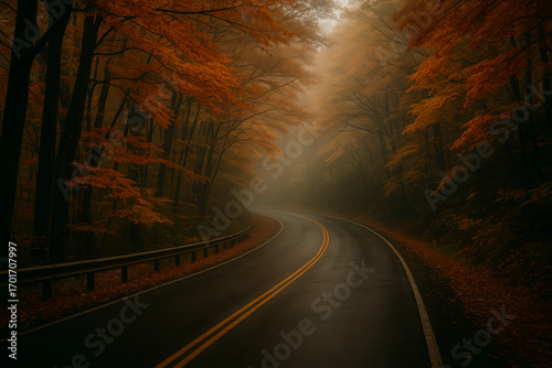 Curved road through dense autumn forest with vibrant foliage and misty atmosphere creating a mysterious fall landscape
