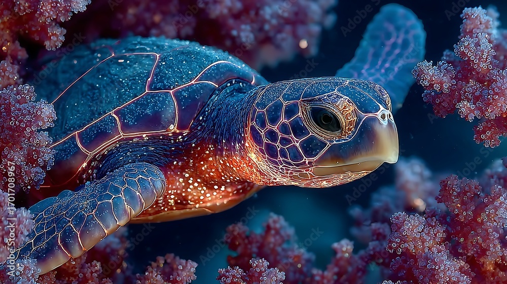 Obraz premium Beautiful turtle glowing underwater with corals high resolution picture