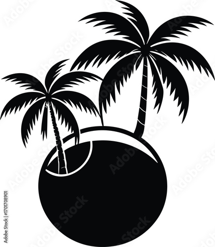 Silhouette of Coconut with Palm Trees on white background