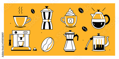 Collection of stylized coffee making equipment and beverages on a vibrant yellow background