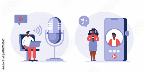 Diverse people creating and consuming audio content online using modern technology and devices