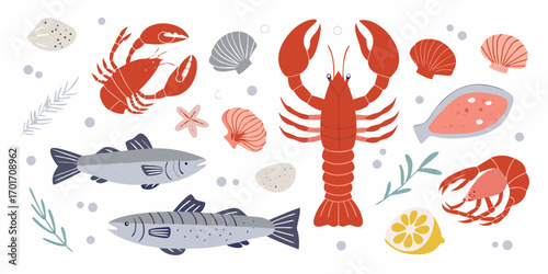 A vibrant collection of fresh seafood and ocean elements in a playful flat illustration style