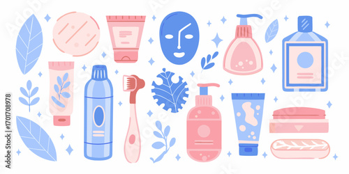Collection of flat design skincare and dental hygiene products with botanical elements and sparkles
