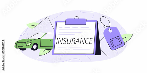 Car insurance policy document with vehicle and key representing protection and safety