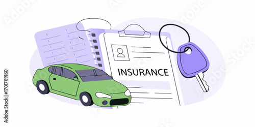 Illustration of a green car with a car insurance policy document and keys