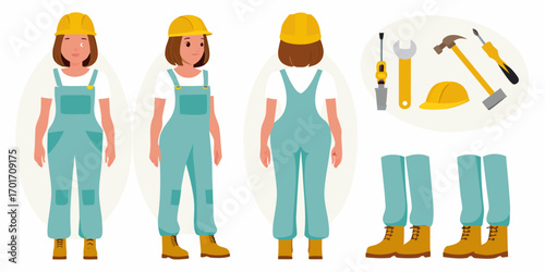 Female construction worker in overalls and hard hat shown from front side and back with tools and boots