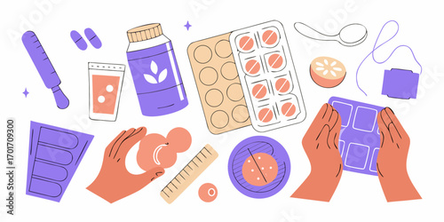Flat illustration of various medical supplies and pills for health and wellness concepts