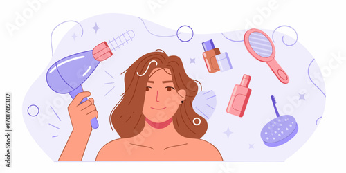 Young woman styling her hair with a blow dryer and beauty products for a fresh look
