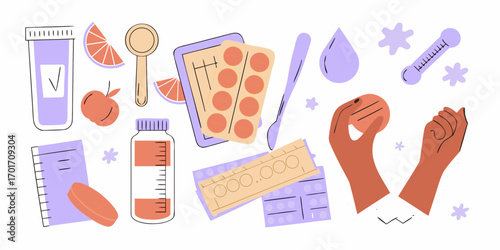 Illustration of various medical supplies and healthcare items for treatment and wellness