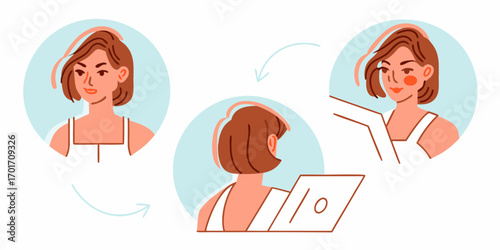 Woman s transformation from looking at a laptop to receiving a compliment with a blush