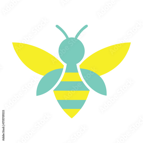 Bee logo, honey bee logo, bbbee logo, logo with a bee, bumble bee logo, Minimal flat bee logo with smooth curved wings in yellow and teal colors vector
