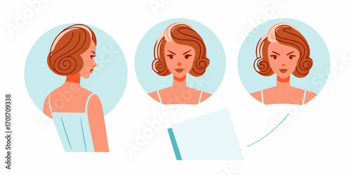 Woman s face showing different emotions and expressions from profile and front view