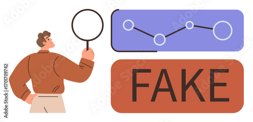 Man holding magnifying glass examines details while a graph with connected nodes and a large FAKE label highlight data analysis, misinformation, and fact-checking. Ideal for research, skepticism