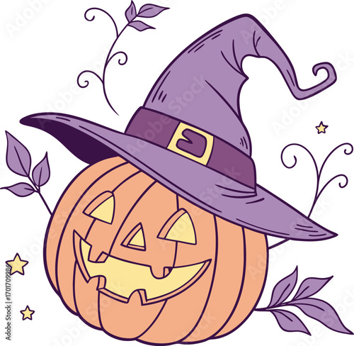 Flat carved halloween pumpkin lantern with a glowing face design
