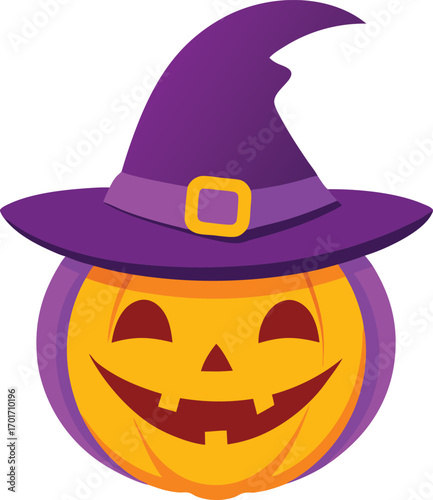 Flat vector illustration of a carved halloween pumpkin lantern with a friendly face